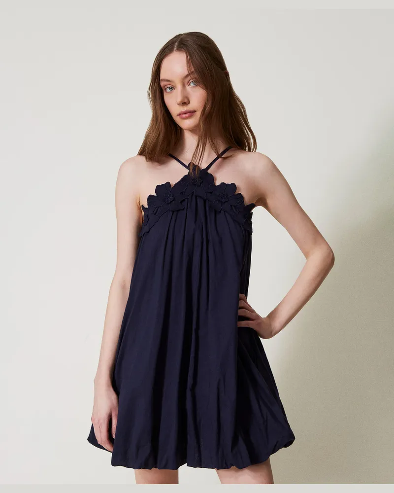 Twin-Set Bademode - Kurzes Musselinkleid mit Stickblumen, Klassisches Blau, Baumwolle, Größe: XS 