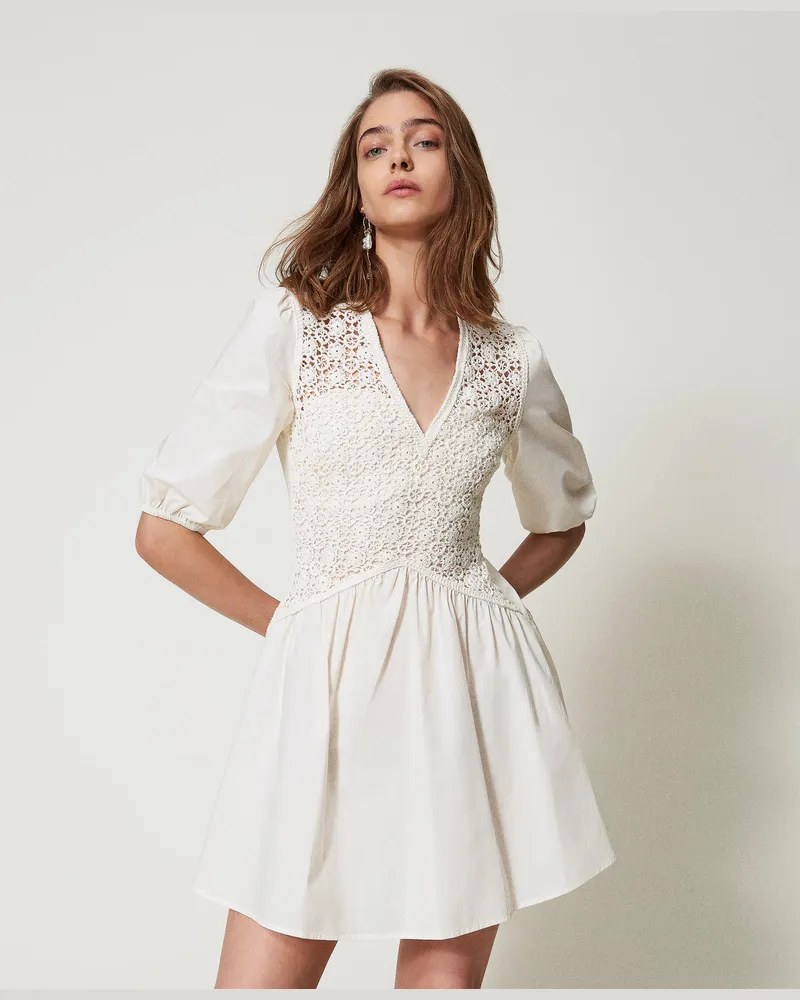 Twin-Set Kleider - Kurzes Kleid aus Popeline mit Häkelarbeiten, Weiß Schnee, Baumwolle, Größe Weiß