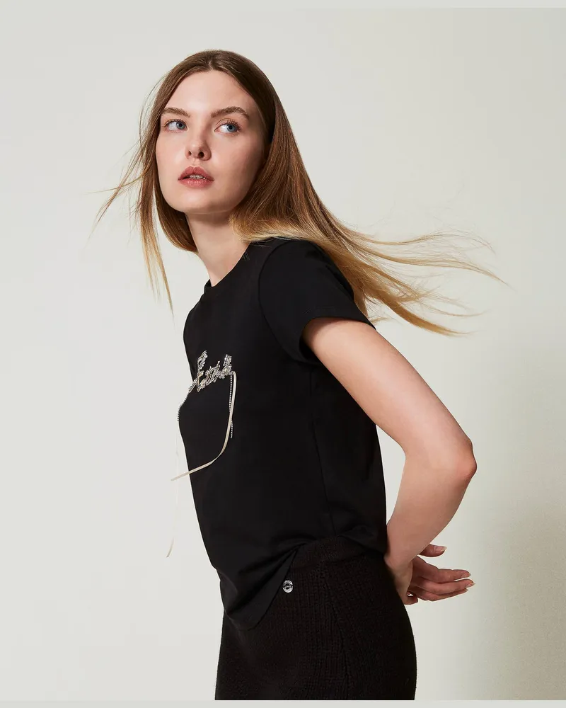 Actitude by Twinset T-Shirts - T-Shirt mit Logo und Strass, Schwarz, Größe: XXS 