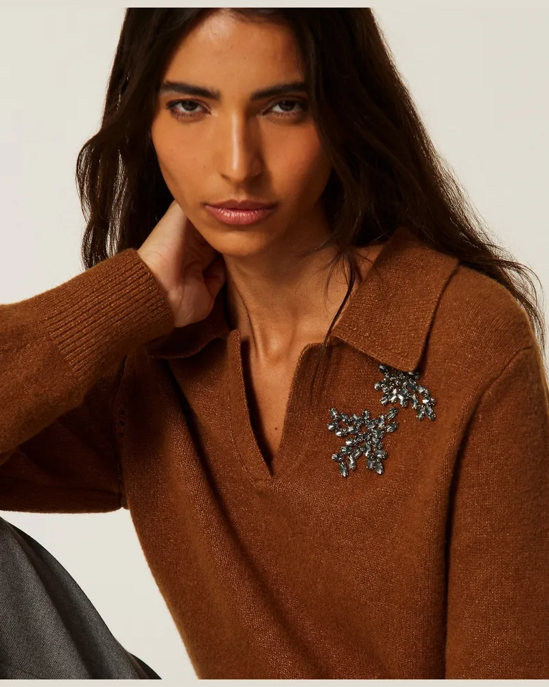 Twin-Set Pullover im Polostil mit Stickerei, Damen, Toffee Beige Toffee