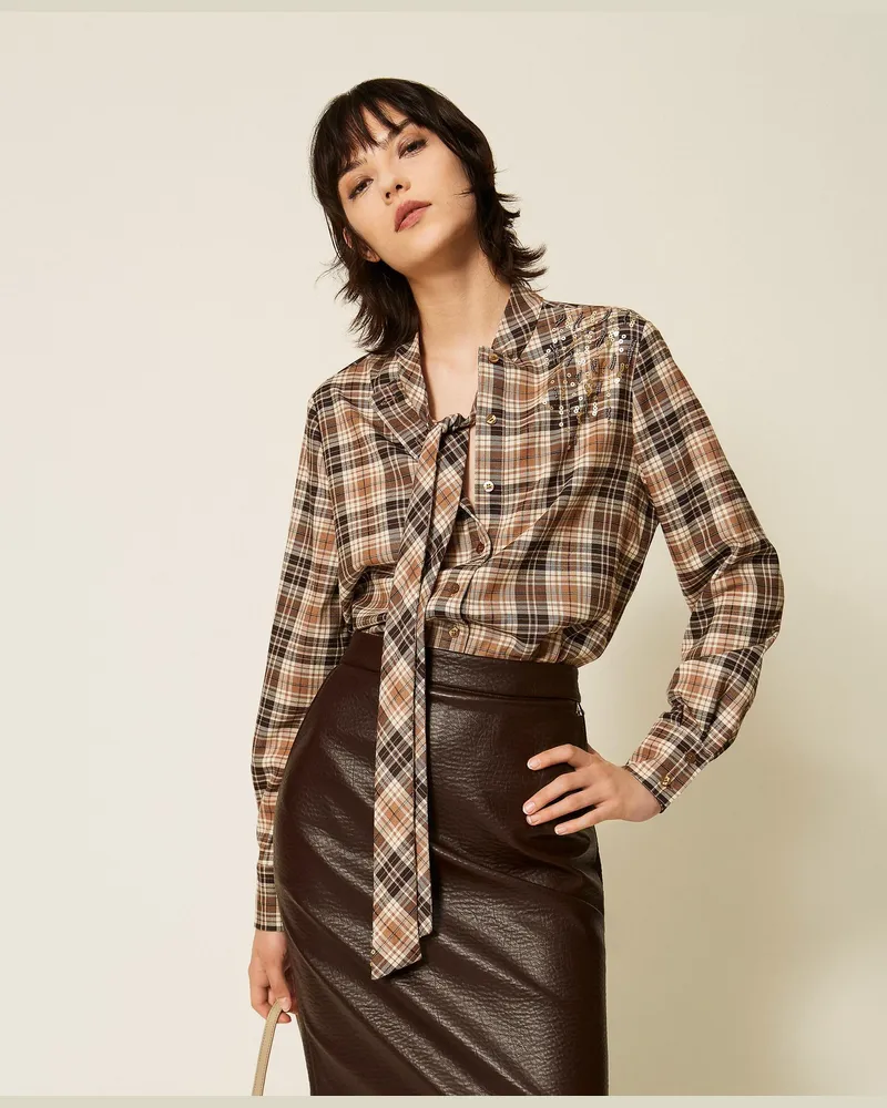 Twin-Set Hemdbluse aus Flanell im Tartanmuster mit Stickerei, Damen, "Iced Coffee Tartan-Braun Iced