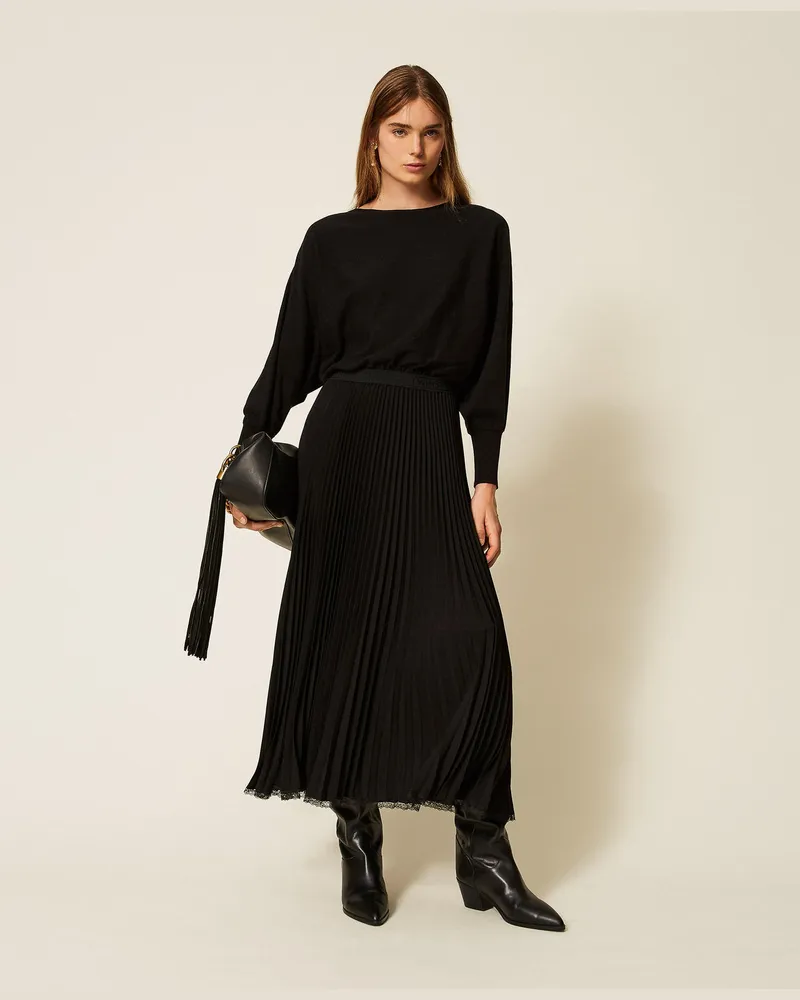 Twin-Set Maxi-Strickkleid mit plissiertem Crêpe Schwarz