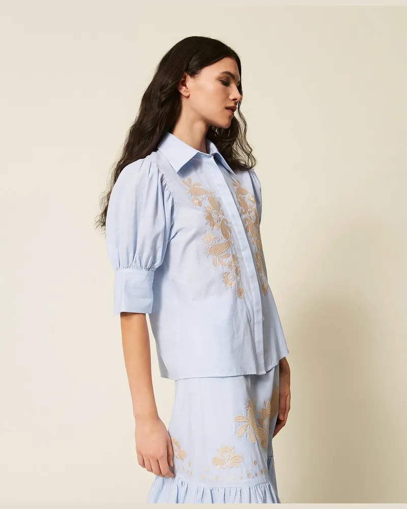 Actitude by Twinset Hemden - Gestreifte Hemdbluse mit Stickerei, Off White/Light Blue Embroidery Pinstripe, Größe Off
