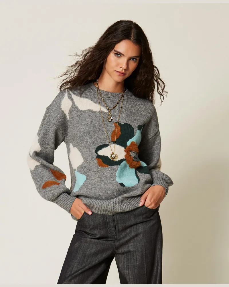 Twin-Set Pullover mit Blumenintarsie, Damen, Einlegearbeit Meliertes Mittelgrau / Smaragd Einlegearbeit
