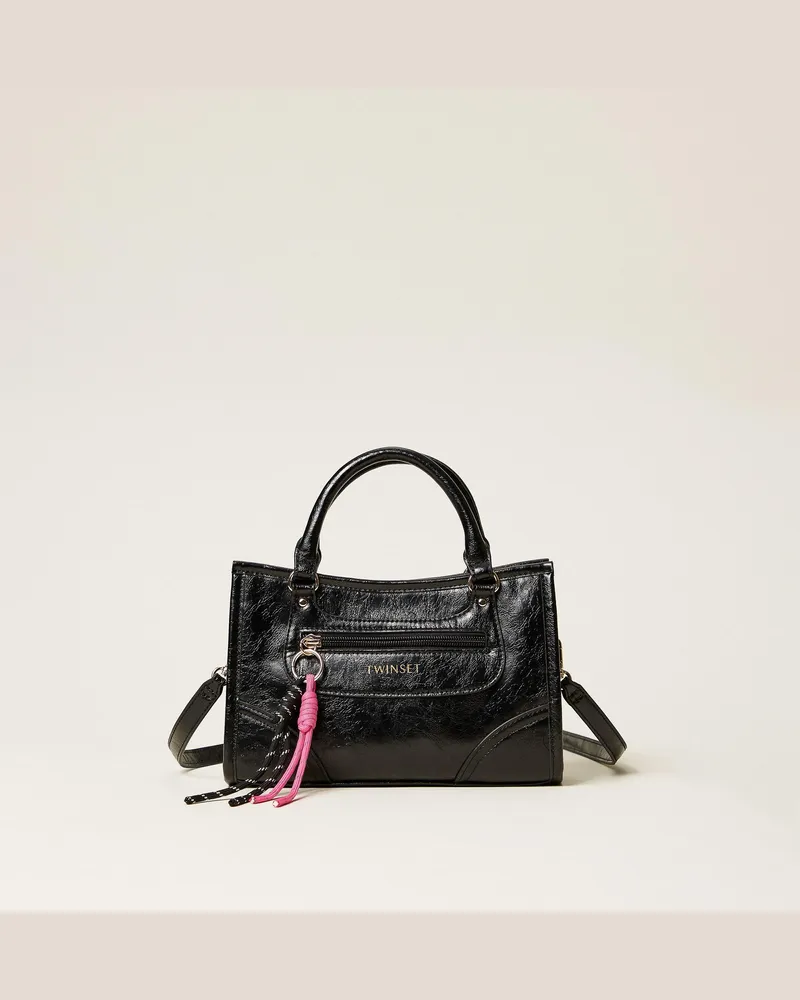 Twin-Set Bowling-Bag mit Charms, Damen, Schwarz Schwarz