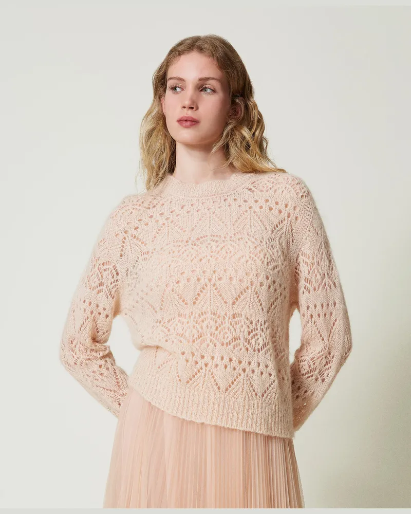Twin-Set Pullover aus Mohairmischung mit Mustermix, „Peach Pink"-Rosa, Größe: XXL 