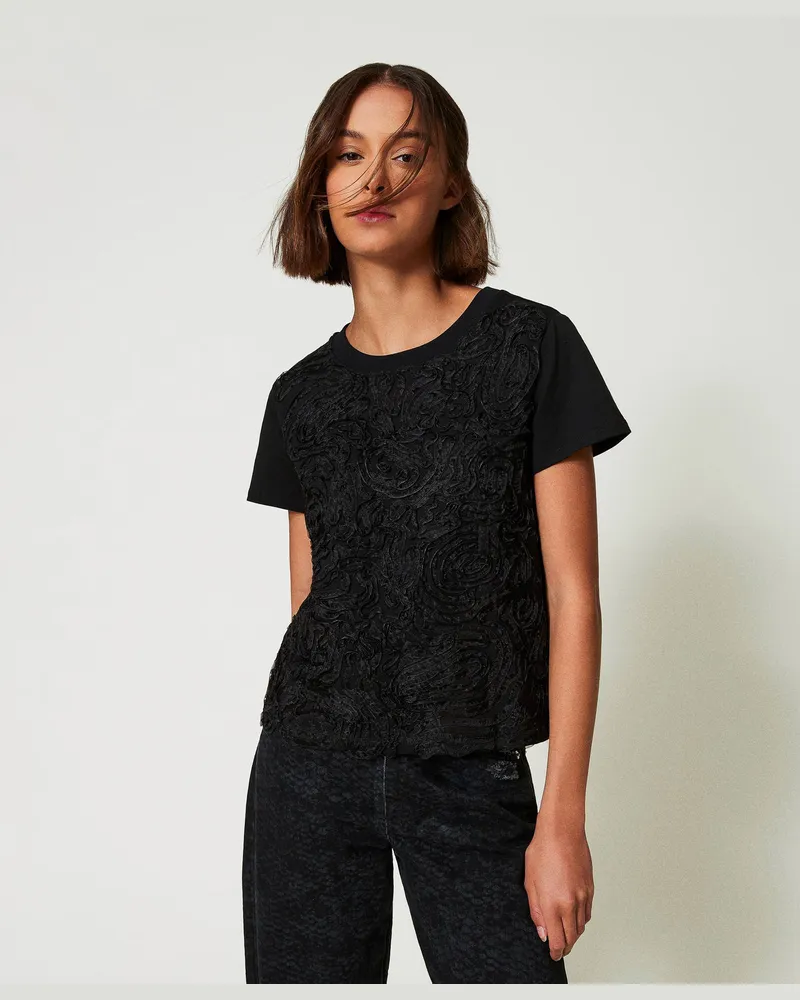 Actitude by Twinset T-Shirts - T-Shirt mit Organza-Stickerei, Schwarz, Baumwolle, Größe: XXS 