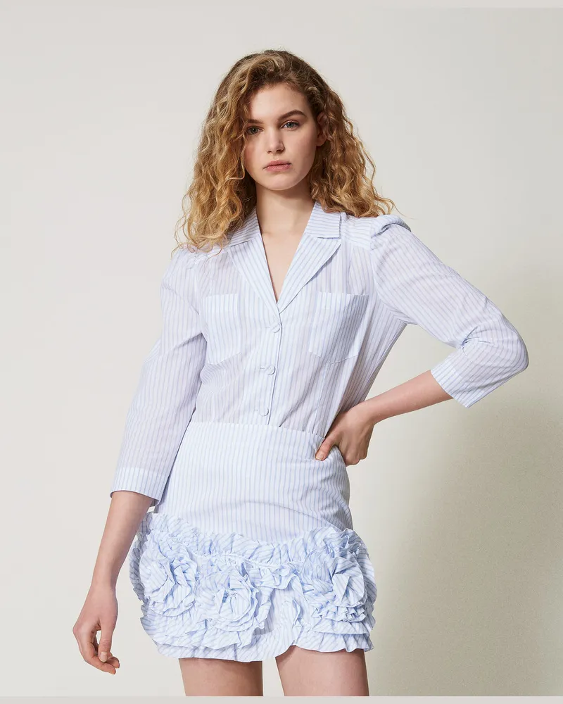 Twin-Set Röcke - Minirock aus gestreiftem Popeline mit Rosen, Zweifarbig "Papers"-Weiß/ Intensives Blau, Größe: XS 