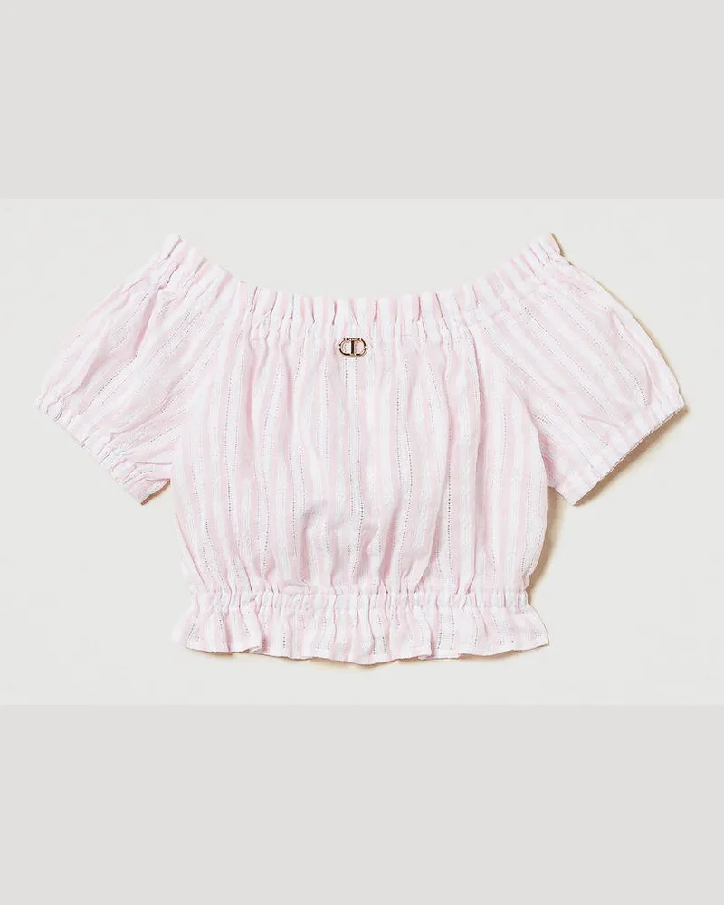 Twin-Set Tops - Crop-Top aus Jacquard-Musselin, Sweet Rose / Ice, gestreift, Größe: 4A 