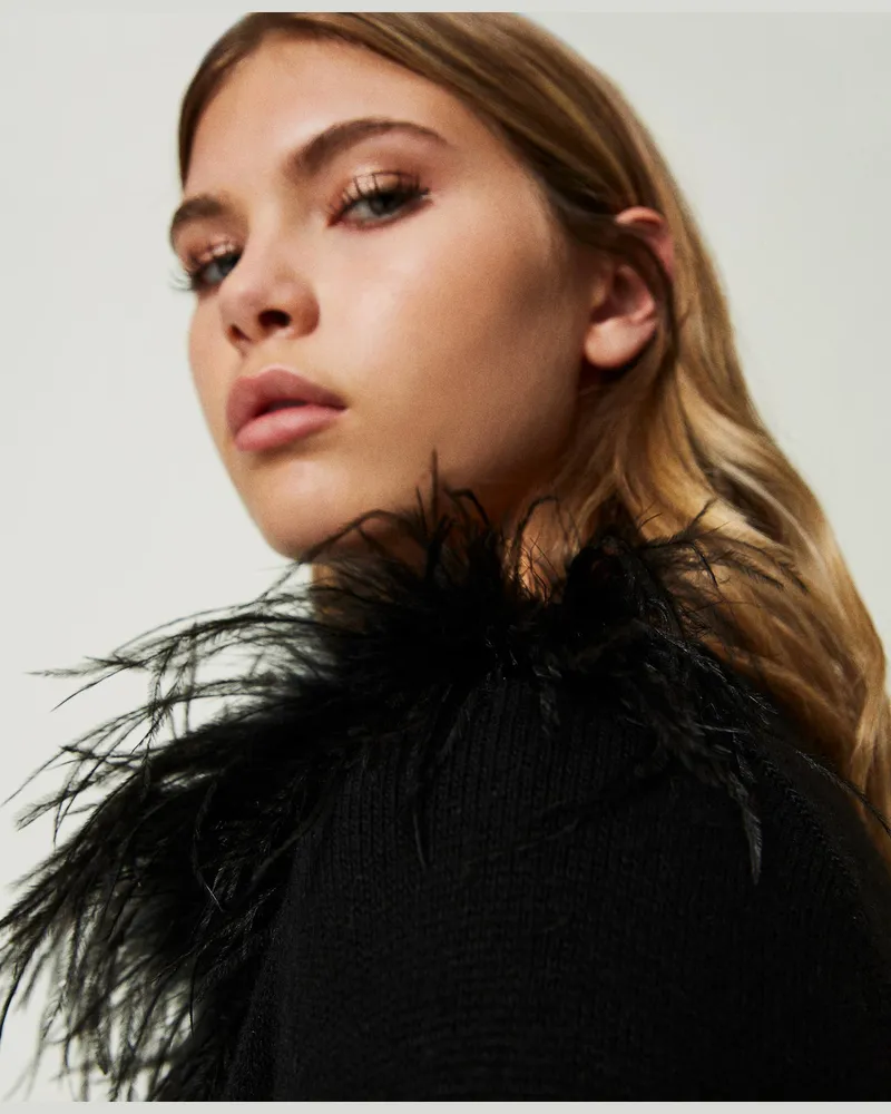 Twin-Set Regular-Fit-Pullover aus Wollmischung mit Federn, Schwarz, Wolle, Größe: XXL 