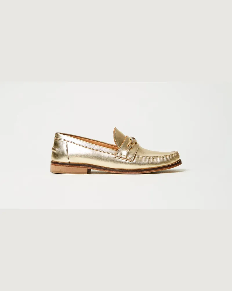 Twin-Set Schuhe - Ledermokassin mit Oval T, Gelbgold, Größe Gelbgold