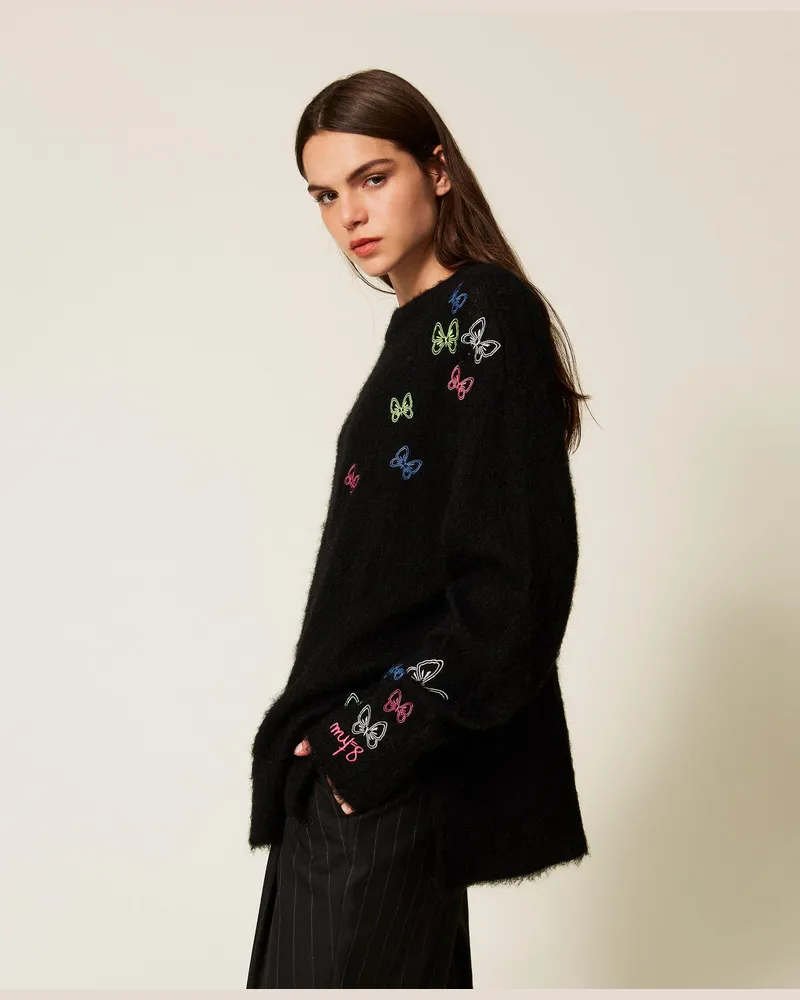 Actitude by Twinset Pullover MYFO aus Wollmischung mit Stickerei, Schwarz, Mohair, Größe: M 