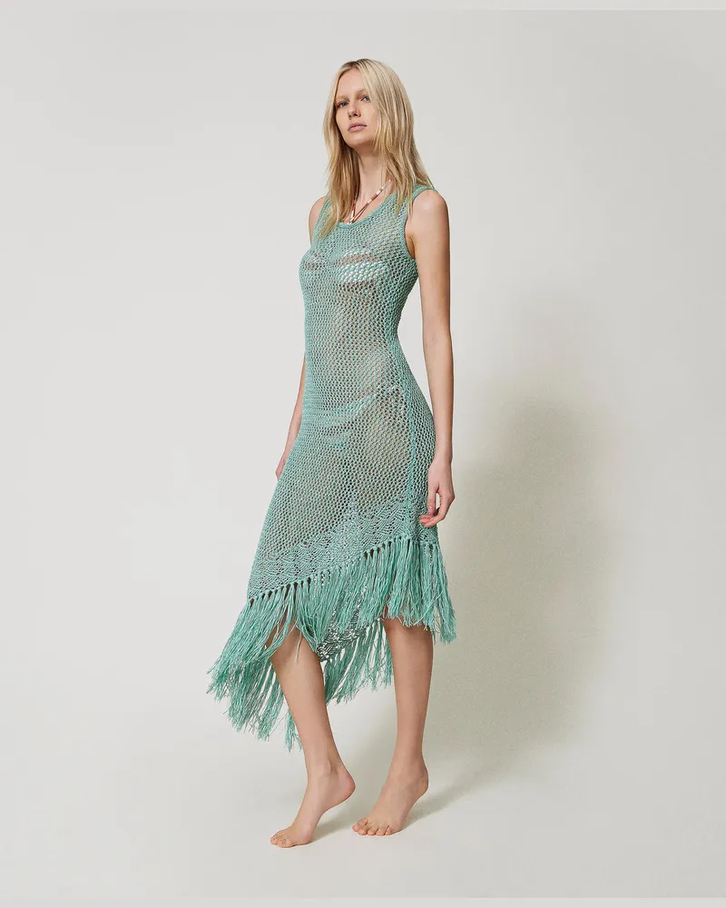 Twin-Set Bademode - Maxistrickkleid mit Netzmaschen, Green Marine, Fransen, Größe: M 