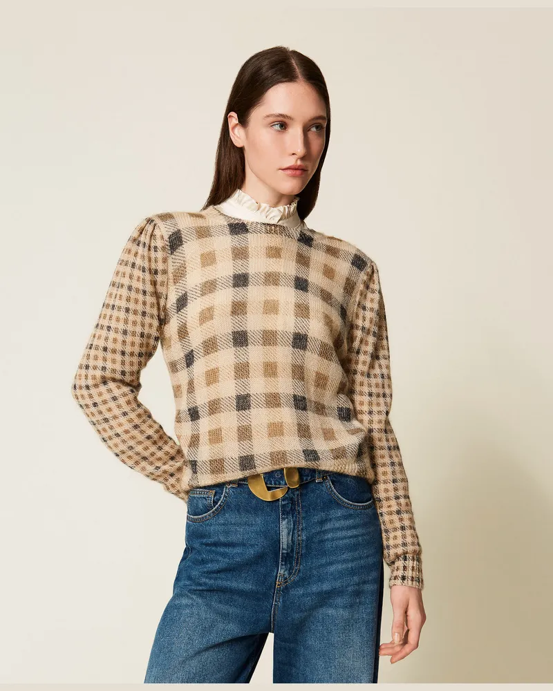 Twin-Set Pullover aus Mohairmischung mit Karo-Print, Print Check & Small Check Kamelbraun / Schwarz, Kariert, Größe: XXL 