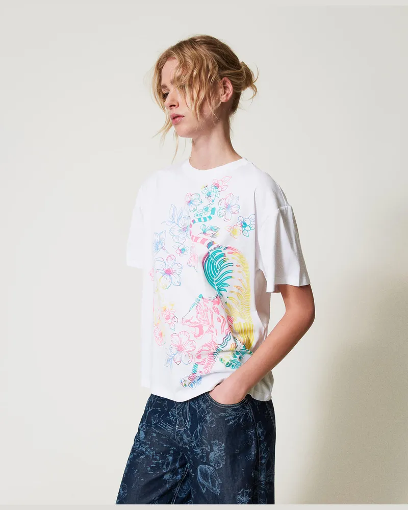 Actitude by Twinset T-Shirts - MYFO T-Shirt mit Blumenprint, Papers / Multicolor Tiger-Print, Größe: XXS 
