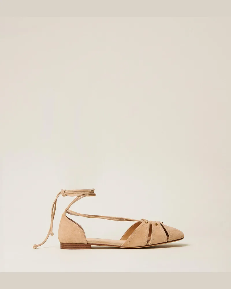 Twin-Set Schuhe - Ballerina aus Veloursleder, "Rope"-Beige, Größe Rope-beige