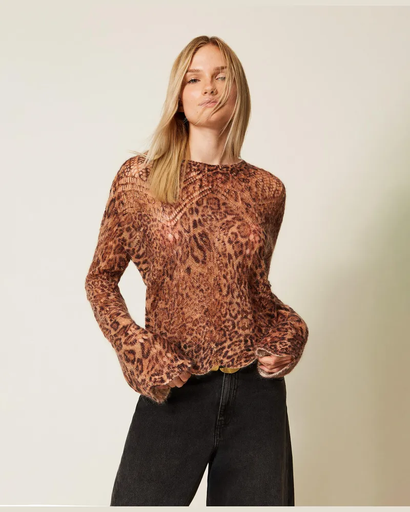Twin-Set Pullover aus Mohairmischung mit Animaldessin, Animalprint Coffee / „Land"-Braun, Größe: XXL 