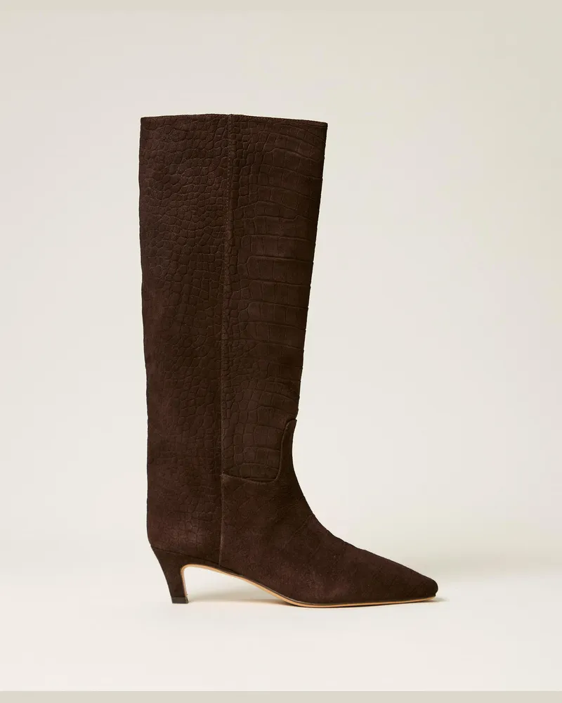 Twin-Set Hoher Stiefel aus Veloursleder mit Krokoprägung Krokoprint
