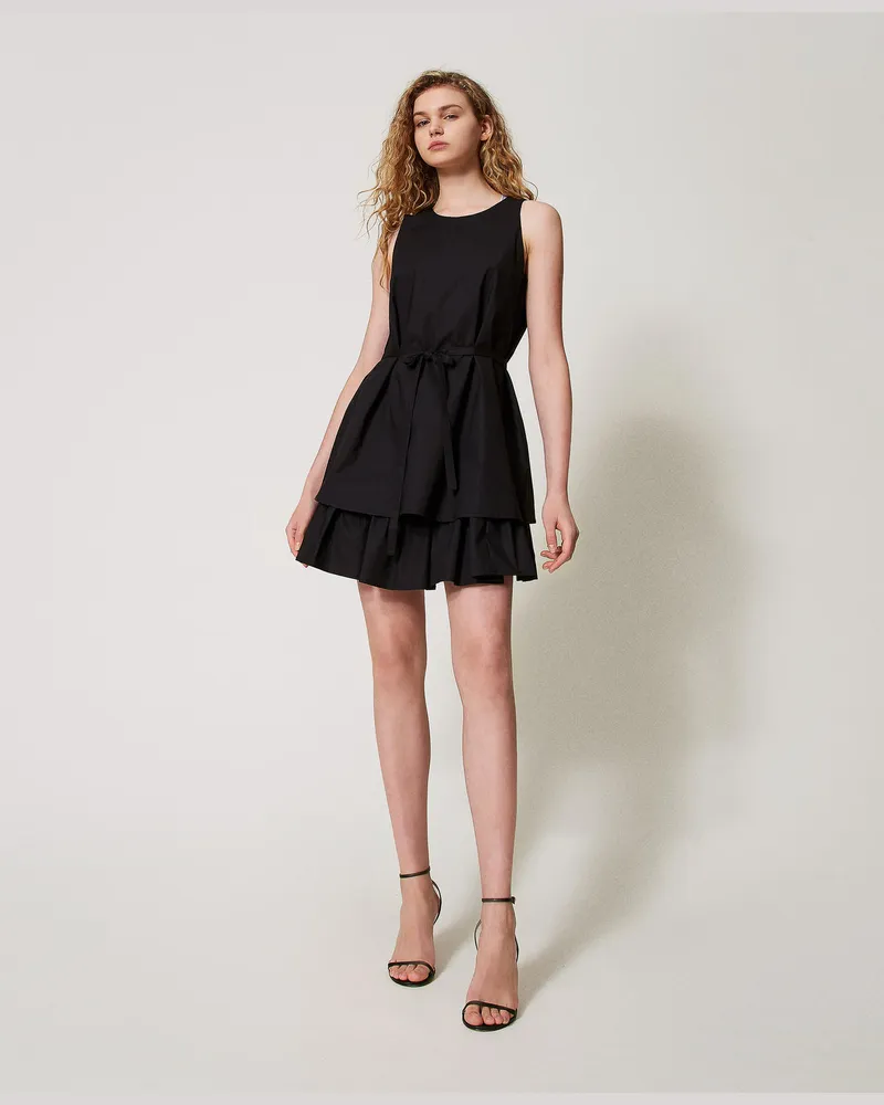 Twin-Set Kleider - Kurzes Volantkleid aus Popeline, Schwarz, Baumwolle, Größe Schwarz