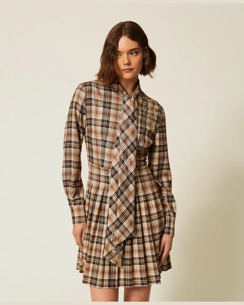 Twin-Set Kurzes Kleid aus Flanell im Tartanmuster mit Stickerei, Damen, "Iced Coffee Tartan-Braun Iced