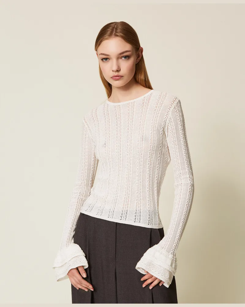 Twin-Set Figurbetonter Pullover mit Volants, Lilie, Baumwolle, Größe: XXL 