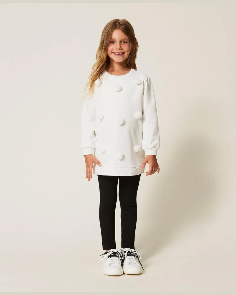 Twin-Set Maxi-Babysweatshirt mit Kunstpelz-Pompons, Damen, Zweifarbig Schneeweiß / Schwarz Zweifarbig