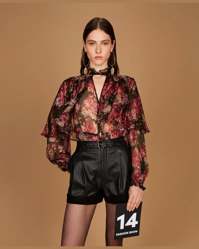 Twin-Set Hemdbluse aus Seidenkrepon mit floralem Dessin, Damen, Blumenprint Schwarz / Magenta Blumenprint