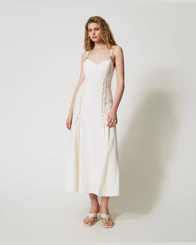 Twin-Set Kleider - Maxikleid aus Leinenmischung mit Schnürungen, Weiß Schnee, Größe Weiß