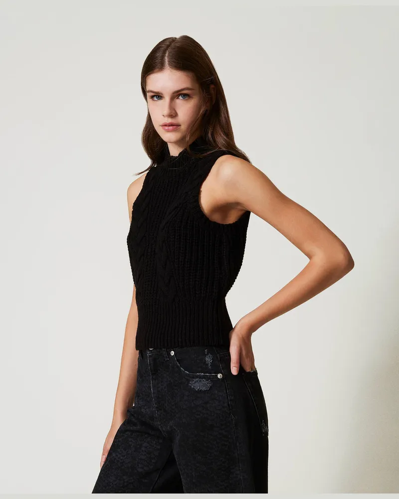 Actitude by Twinset Tops - Stricktop mit Rippen und Zöpfen, Schwarz, Wolle, Größe: L 
