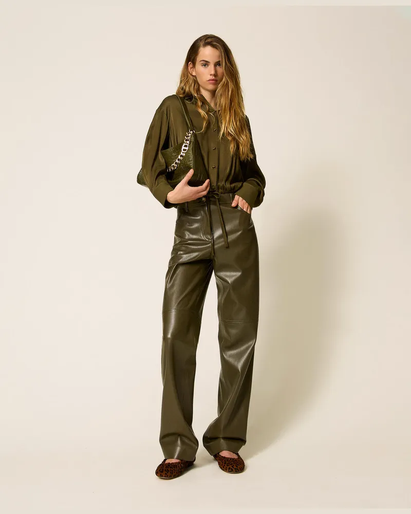 Twin-Set Hosen - Zigarettenhose aus Lederimitat, Green Olive, Lederoptik, Größe Green