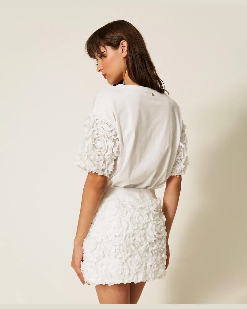 Actitude by Twinset T-Shirts - T-Shirt mit Tüllärmeln mit Blumen, Mattweiß, Größe Mattweiß