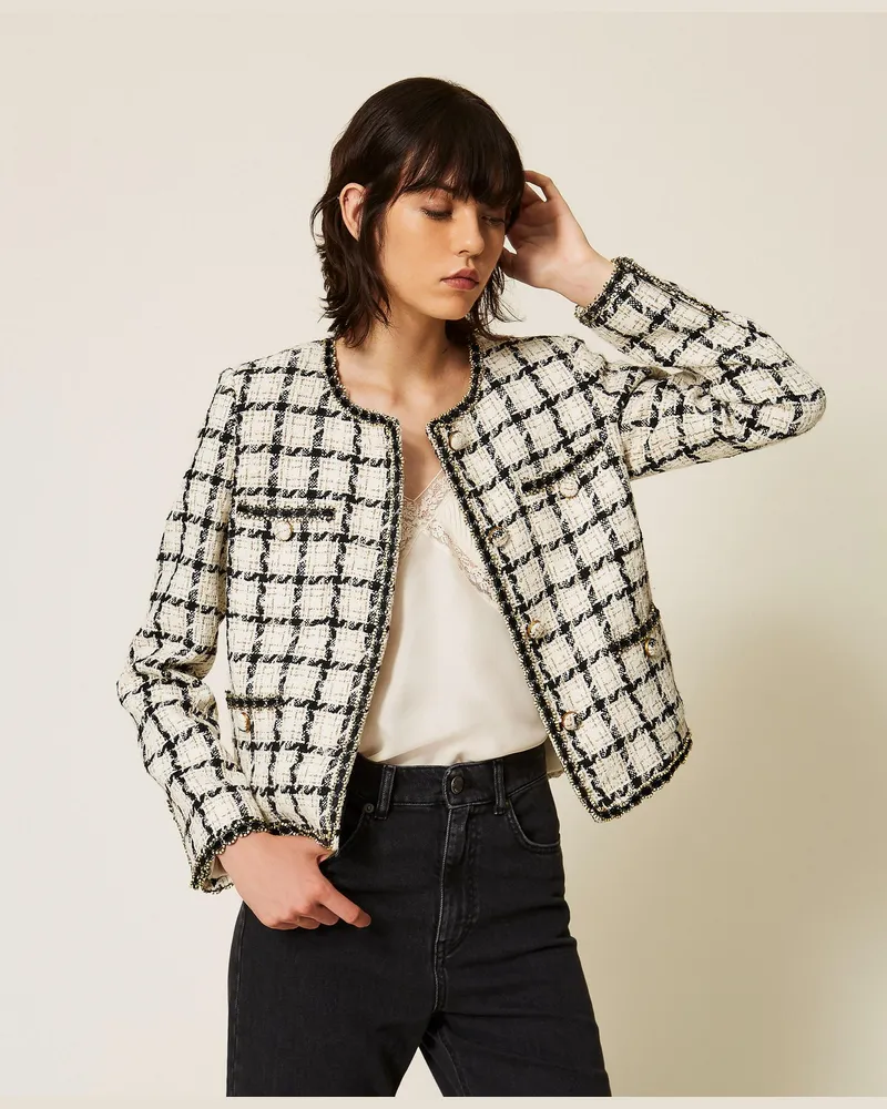 Twin-Set Jacke aus Bouclé mit Karomuster, Damen, Bouclè Karos Lilie / Schwarz / Gold Bouclè