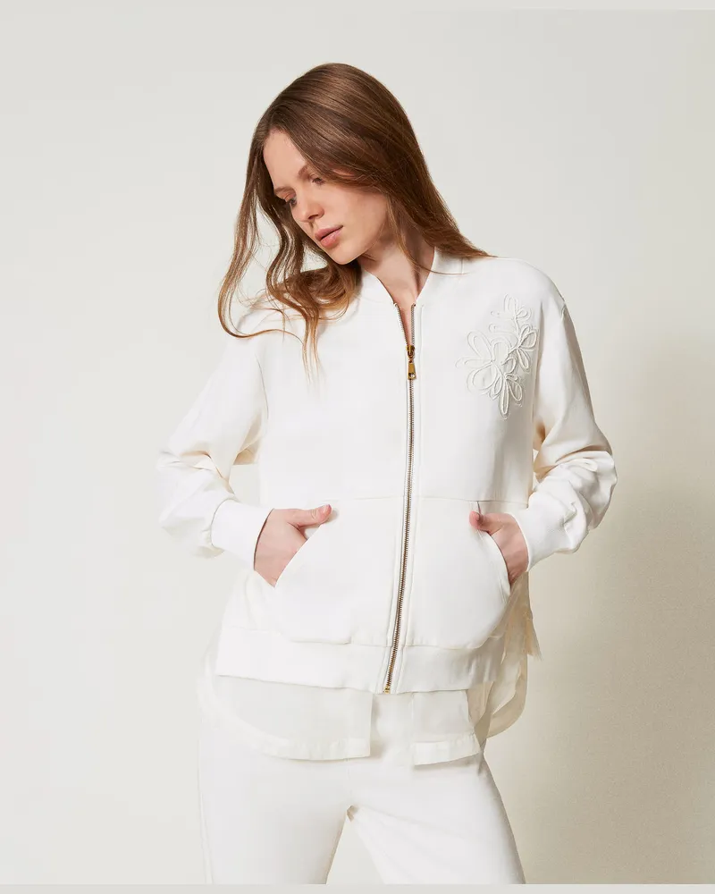Twin-Set Sweatshirts und -jacken - Sweatjacke mit Stickerei und Organza-Einsatz, White Cloud, Baumwolle, Größe: XS 