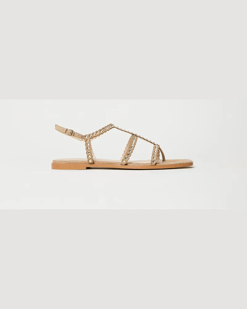 Twin-Set Schuhe - Flache Sandale mit Alloverstrass, Helles Hanfbeige, Größe Helles