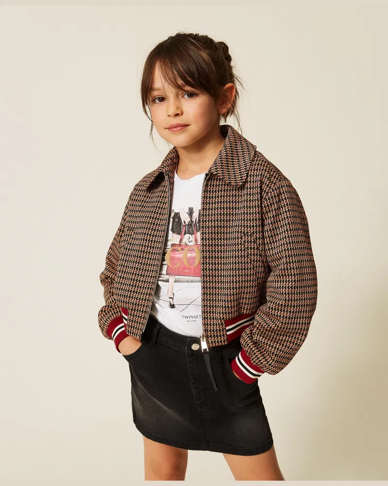 Twin-Set Jacke mit Hahnentrittmuster, Damen, Hahnentrittmuster "Iced Coffee"-Braun / Red Ruby Hahnentrittmuster