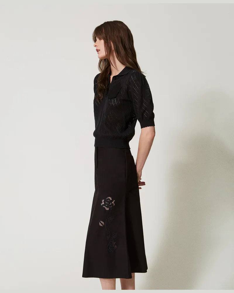 Twin-Set Röcke - Midirock aus Popeline mit Stickereien, Schwarz, Baumwolle, Größe: XXS 