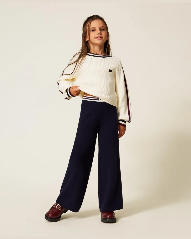 Twin-Set Hosen - Strickhose mit zweifarbigen Streifen, Klassisches Blau, Größe Klassisches