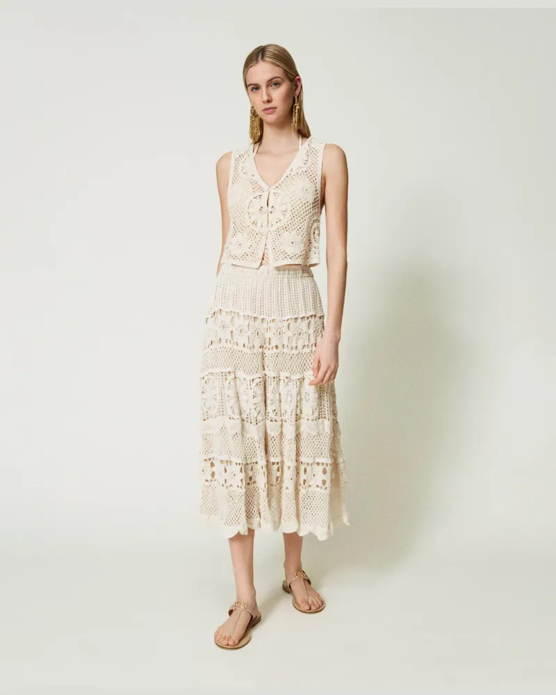Twin-Set Bademode - Midi-Häkelrock, "Shell" Beige, Baumwolle, Größe: M 