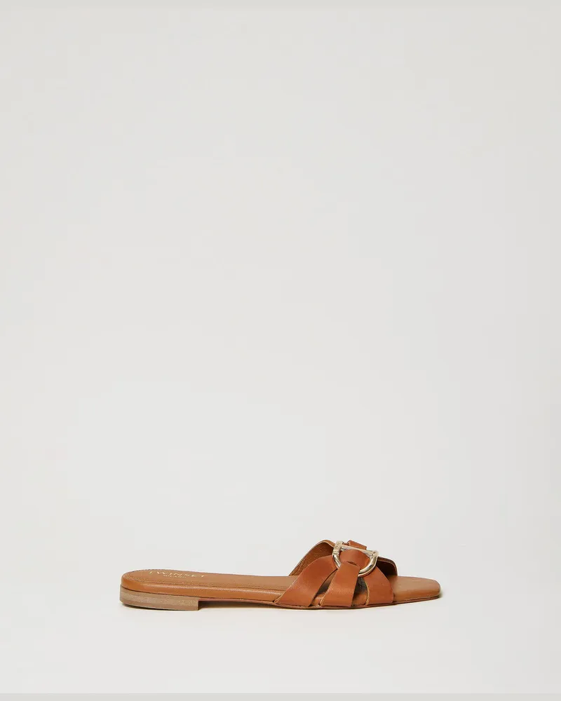 Twin-Set Schuhe - Slide-Pantolette aus Leder mit Oval T, Größe Leder