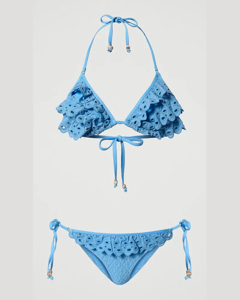 Twin-Set Bademode - Triangel-Bikinitop und Tanga mit Lochstickereien, Kornblumen Blau, Größe: 1-B 