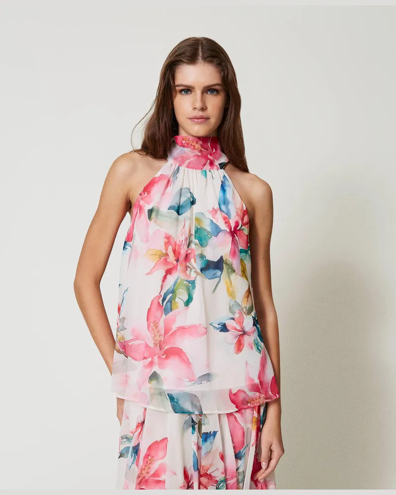 Twin-Set Bademode - Top aus Georgette mit Blumenprint, Blumenprint Perlmutt / Multicolor, Größe: XS 
