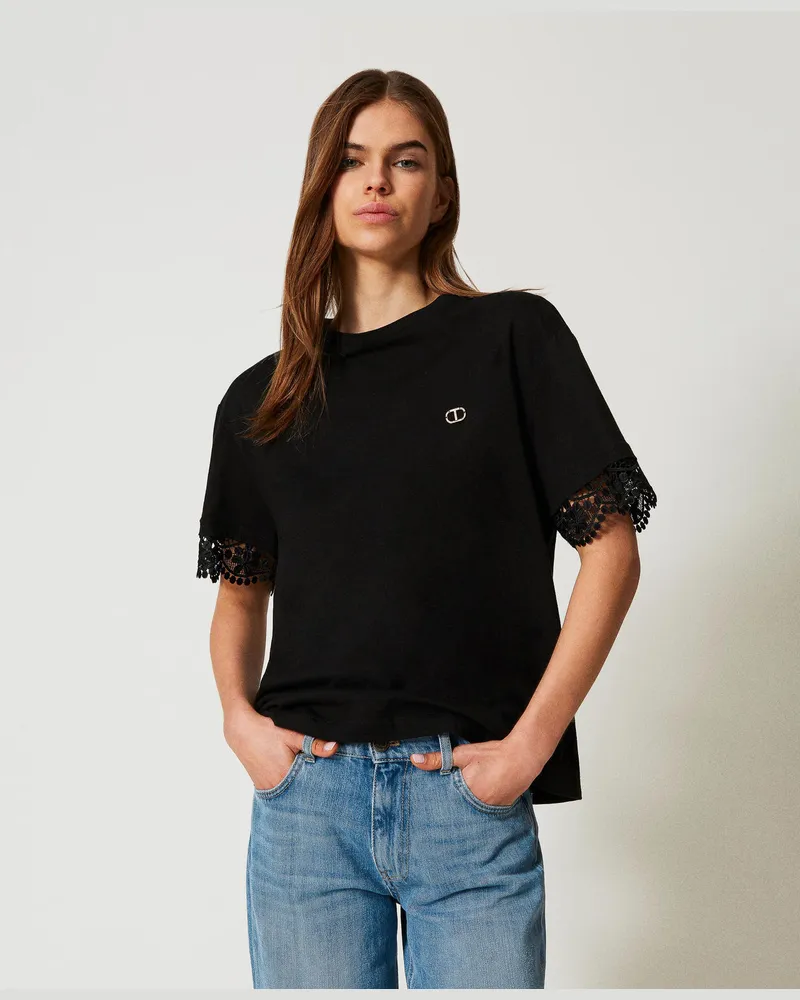 Twin-Set T-Shirts - T-Shirt mit Ärmeln aus Spitze, Schwarz, Größe: XXS 