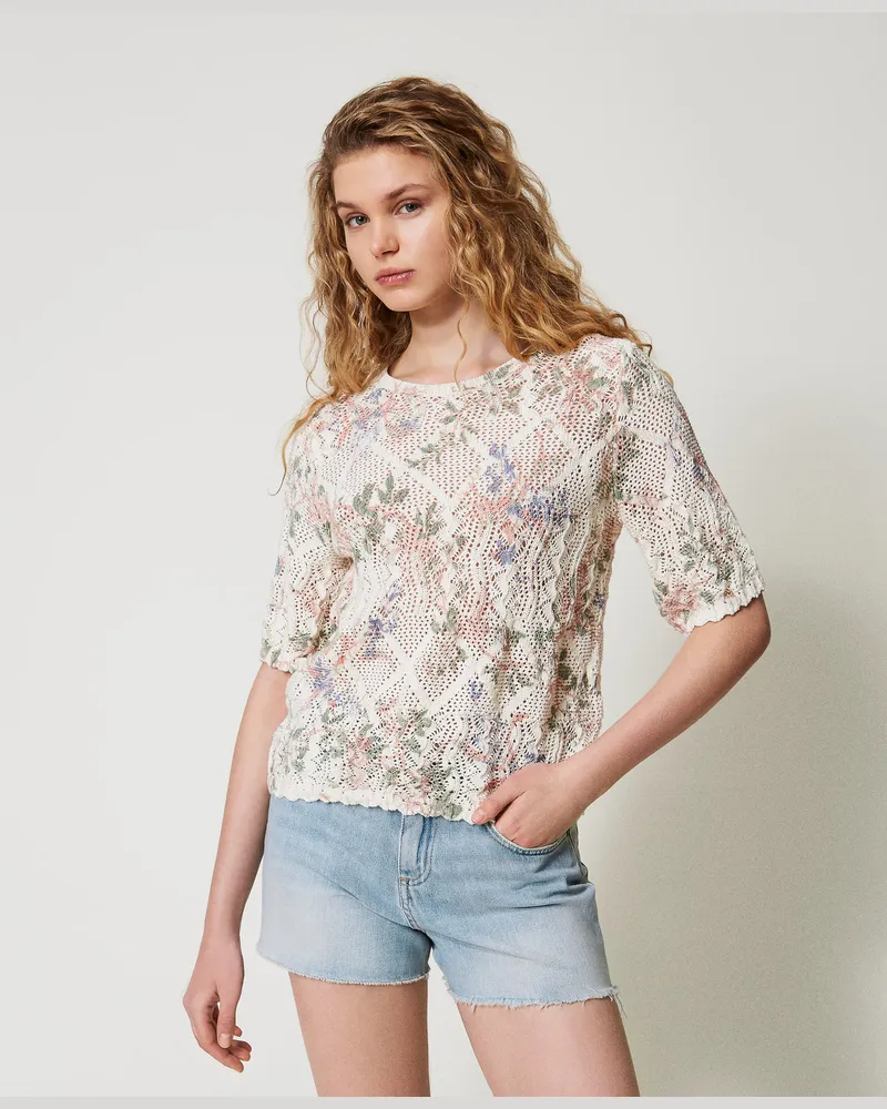 Twin-Set Pullover mit Blumendessin und Allovermuster, Multicolor Blumenprint, Größe: XXL 