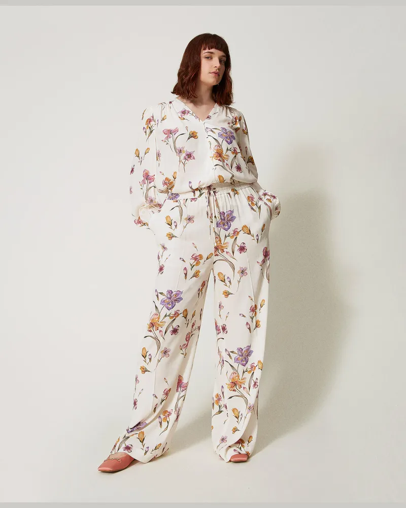 Twin-Set Hosen - Hose aus Crêpe de Chine mit Blumendessin und Gummizug, Print Iris Multicolor / Perlmutt, Größe Print