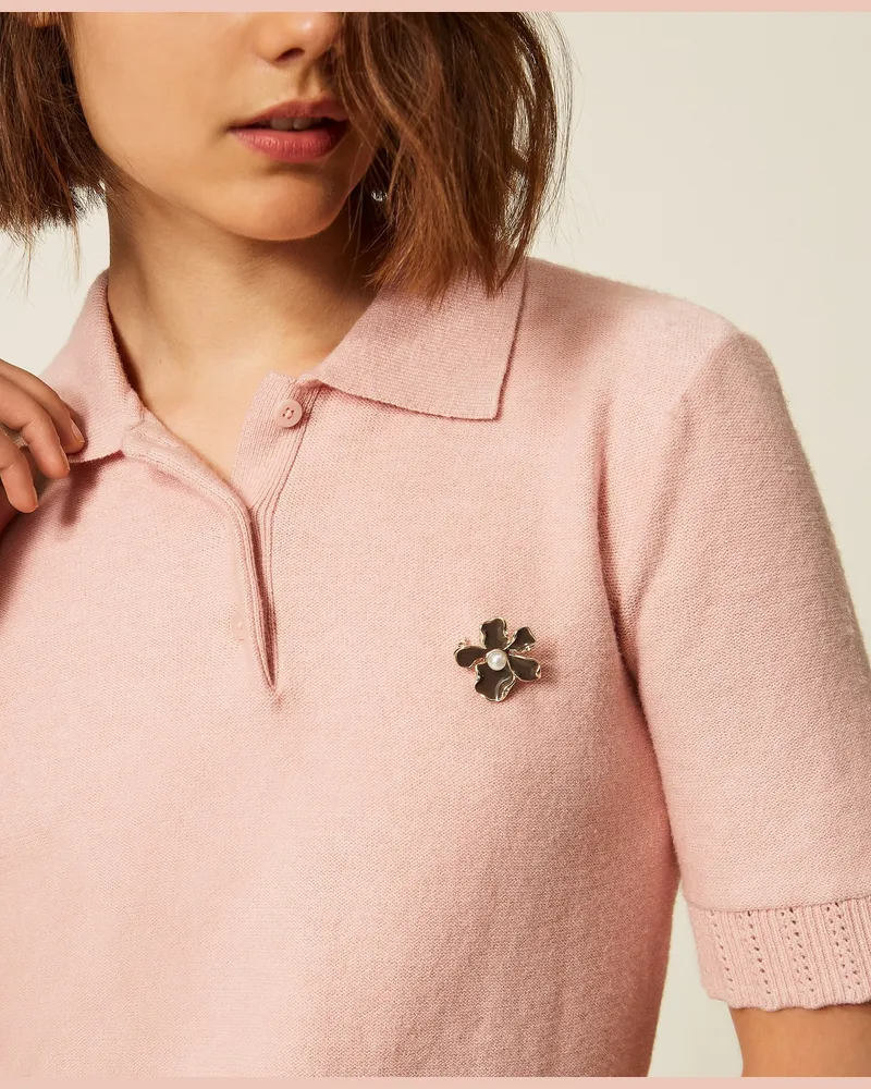 Twin-Set Pullover im Polostil mit Brosche, Damen, Powder Rose Powder