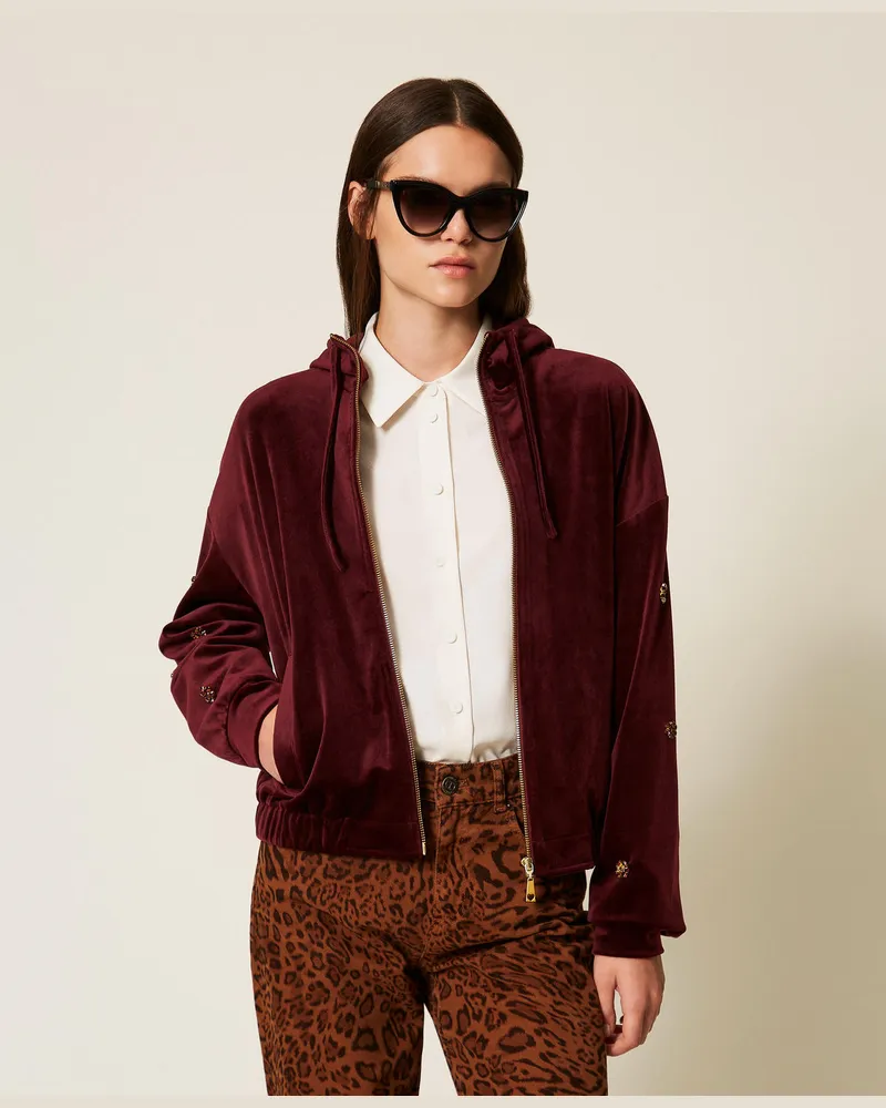 Twin-Set Sweatshirts und -jacken - Sweatshirt aus Chenille mit Stickerei, Red Wine, Größe Red