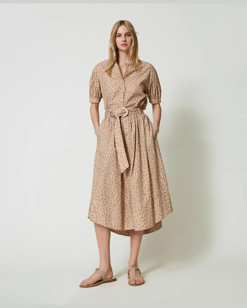 Twin-Set Röcke - Midirock aus Popeline mit Animaldessin, Print Animal / „Ginger Root"-Beige, Größe: 50 