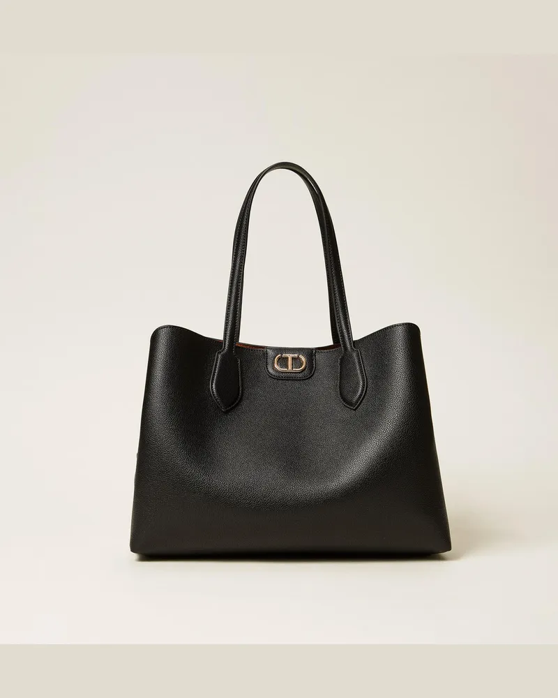 Twin-Set Taschen - Zweifarbiger Shopper mit Oval T, Zweifarbig Schwarz /„Land"-Braun, Einheitsgröße Zweifarbig