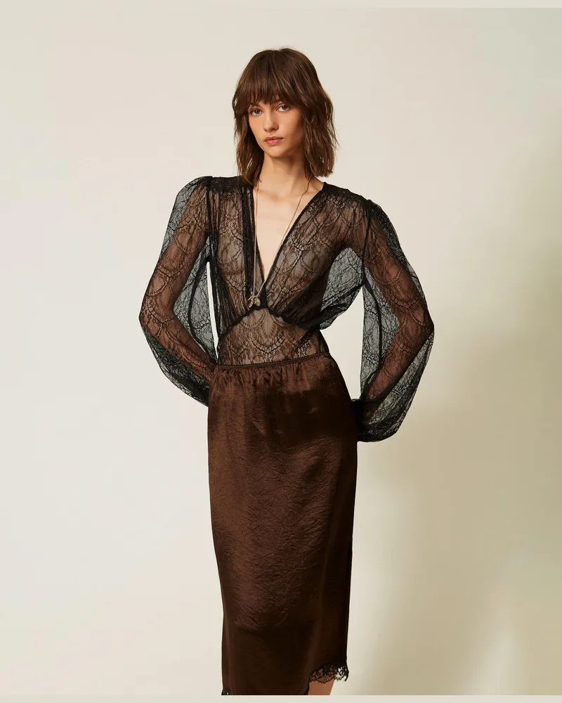 Twin-Set Body aus Valenciennesspitze Schwarz