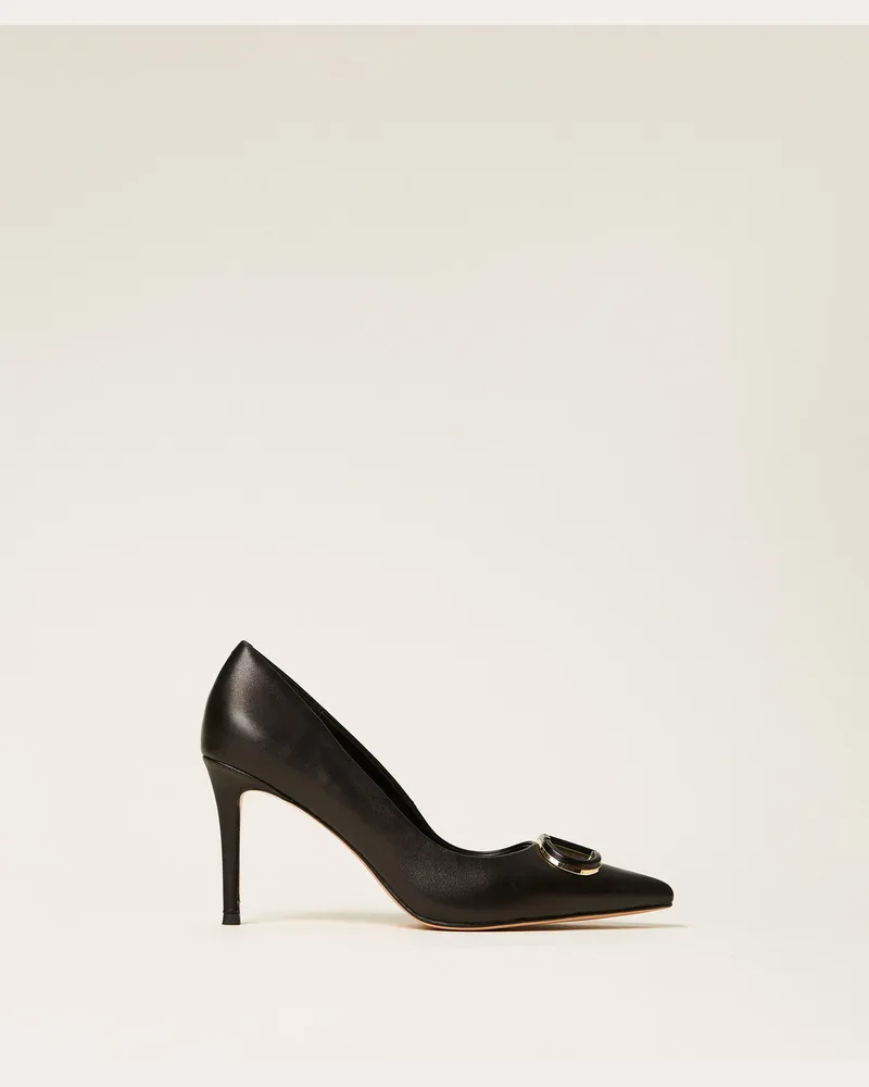 Twin-Set Schuhe - Lederpumps mit Oval T, Schwarz, Größe Schwarz